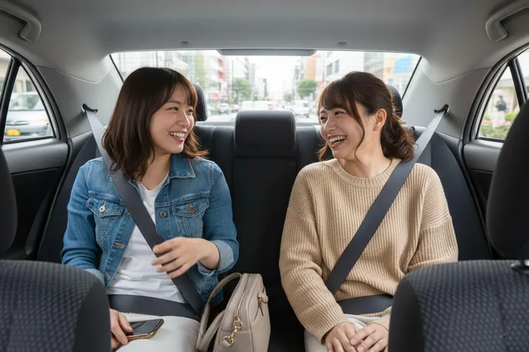 タクシーで談笑する二人の女性